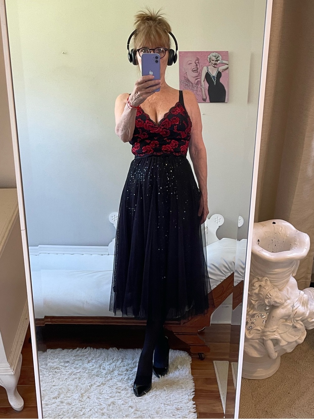 BLACK TULLE SEQUIN FULL SKIRT STRETCH WAIST LINED MESH SKIRT LAYERS SEXY GOTH